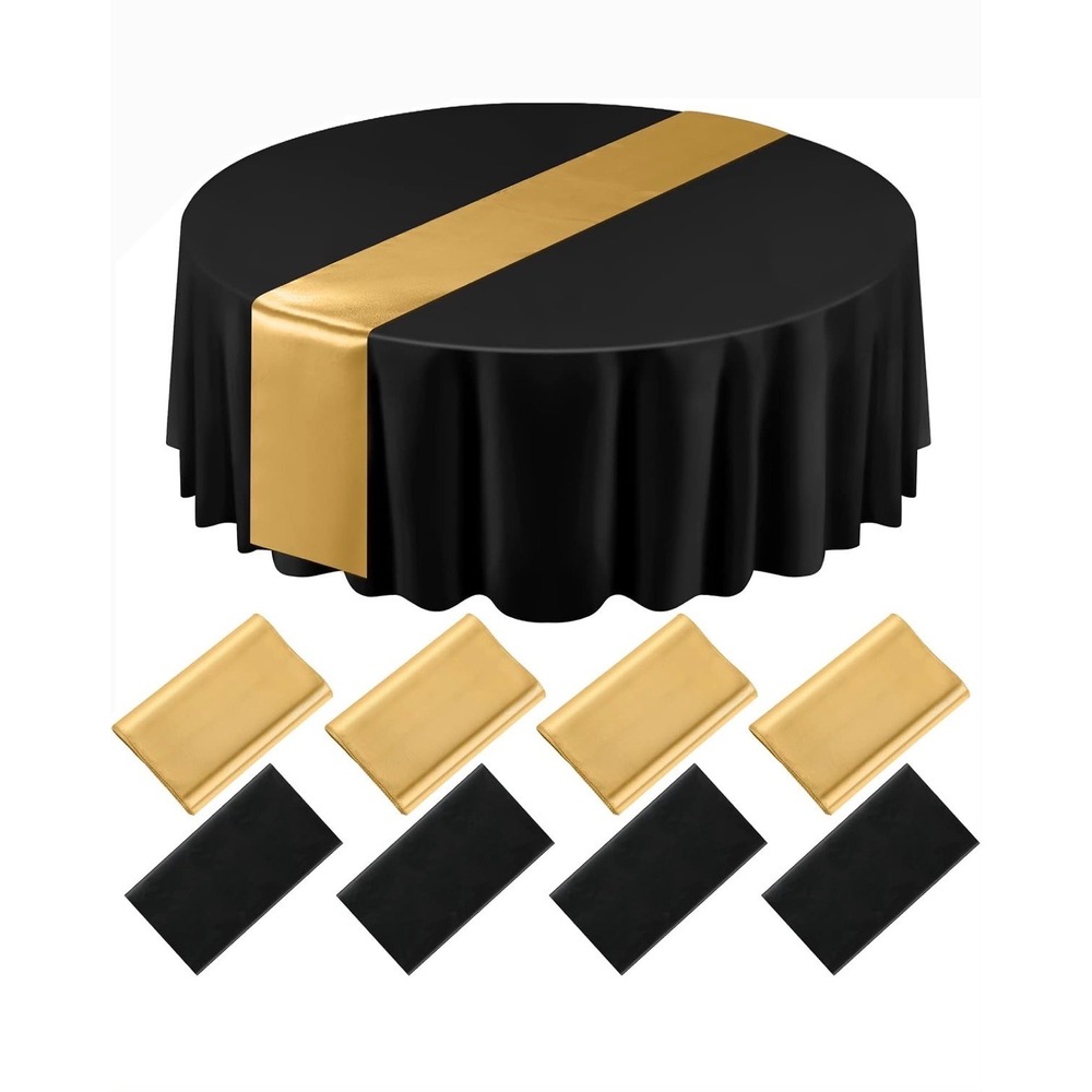 8 Pcs Black Round Tablecloth and Gold Satin Runner Set 84in Plastic Disposable